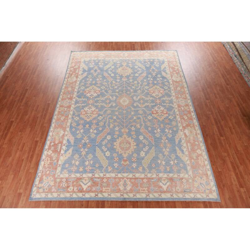 Hand Knotted Oriental 100% Wool Carpet Transitional All-Over Navy Blue & Blues Oushak Area Rug - 13' 11'' X 10' 0''