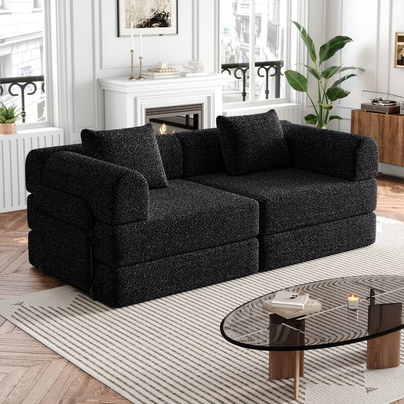 Floor Standing Chenille Sleeper Sofa Bed Folding Loveseat Couch - Black