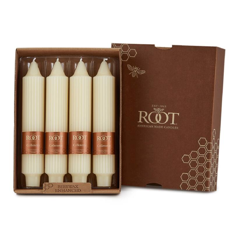 Root Unscented Grecian Collenette Taper Candles box of 4 - 7 X 1-1/4 - Ivory