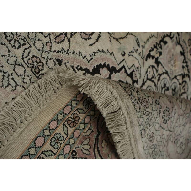 Hand Knotted Oriental Silk Carpet Traditional Floral Beige & Ivories Kashmir Area Rug - 10' 3'' X 7' 0''