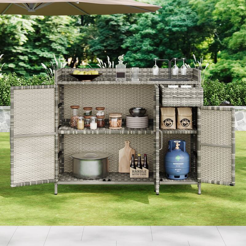 Wicker Storage Cabinet w/Tempered Glass Desktop, Weather-proof Rattan Bar Table, Kitchen Island w/Three Doors, Adjustable Shelf