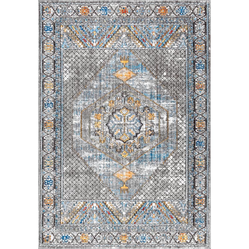 Izmit Geometric Vintage Medallion Gray/Mustard/Turquoise Area Rug - 4 X 6