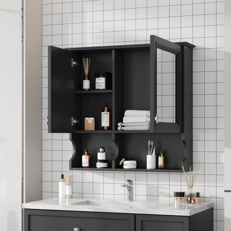 Roomfitters 30" Wall Mounted Bathroom Storage Cabinet with Mirror and Double Doors, Medicine Cabinet with Adjustable Shelves - Black