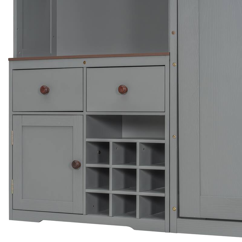 Queen Size Wooden Murphy Bed Smart LED Wall Bed Frame with Storage Cabinet, Wine Rack, Glass Holder and Drawers