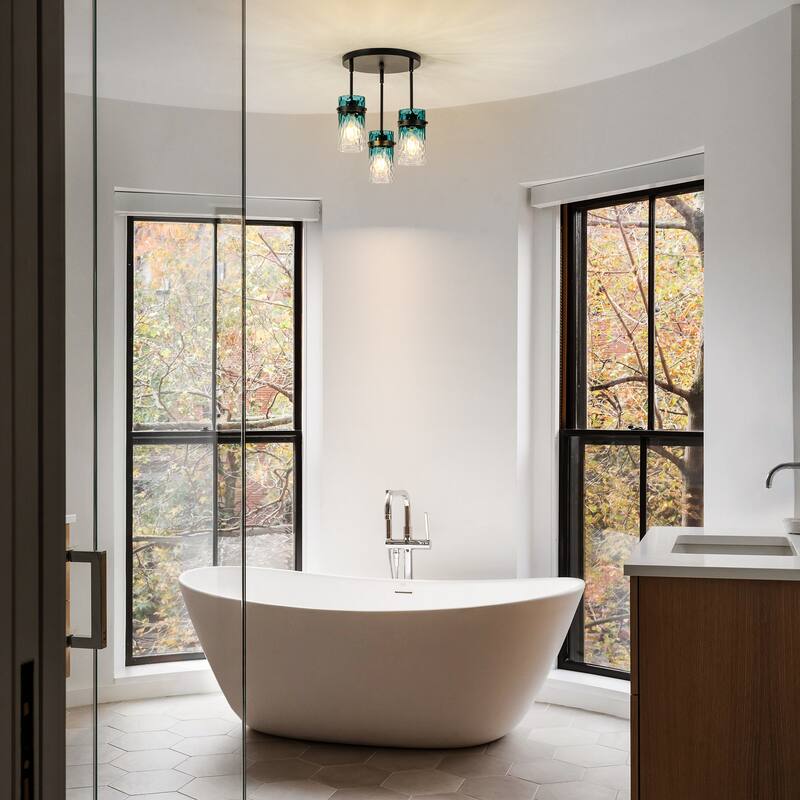 1/3-Light Coastal Matte Black Adjustable Pendant Light with Gradient Blue Hammered Cylinder Glass for Kitchen Island