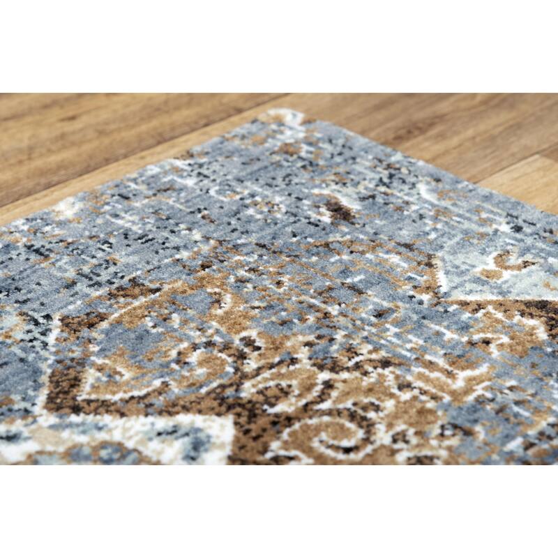 Alora Decor Elect Beige, Tan, Grey, Blue, and Ivory Hexagon Floral Rug