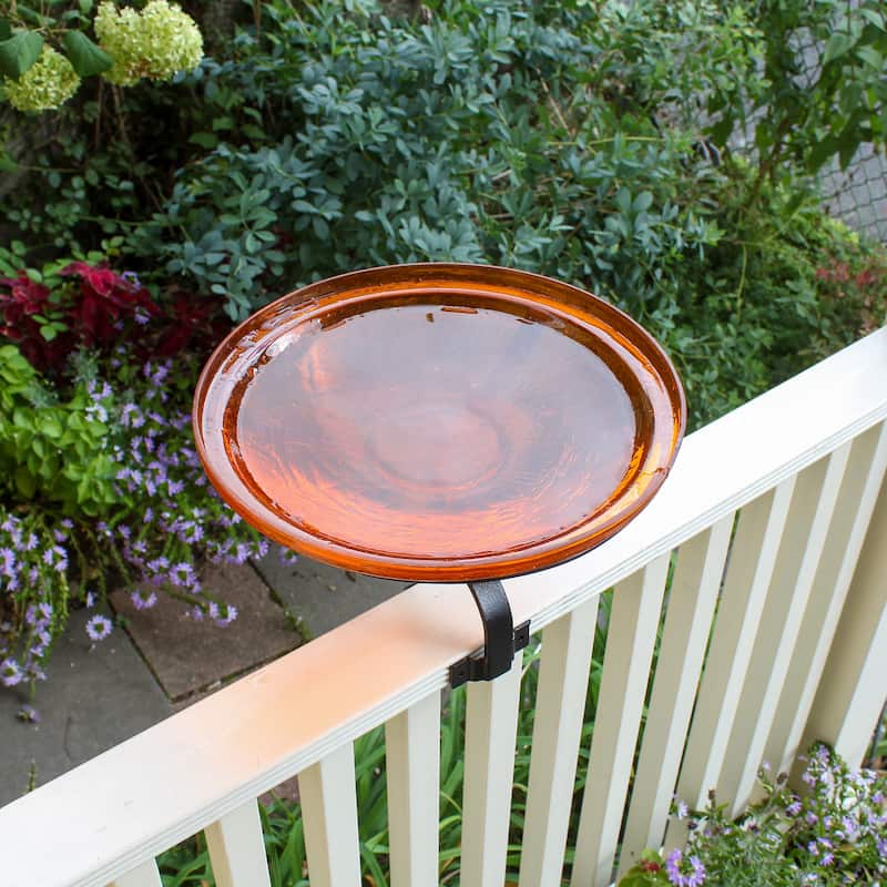 Achla Designs 14"Dia. Round Crackle Glass Birdbath w/Black Wrought Iron Over Rail Bracket