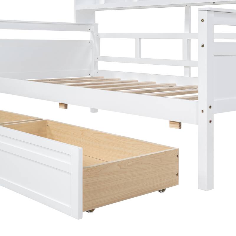 White Twin Daybed with Wood Slats, Shelves & 2 Drawers - Space-Saving Multi-Functional Furniture