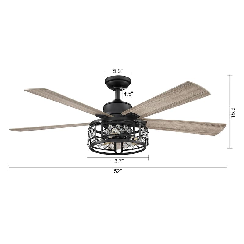 52" Oak Wooden 5-Blade Crystal LED Ceiling Fan with Remote - 3-Light