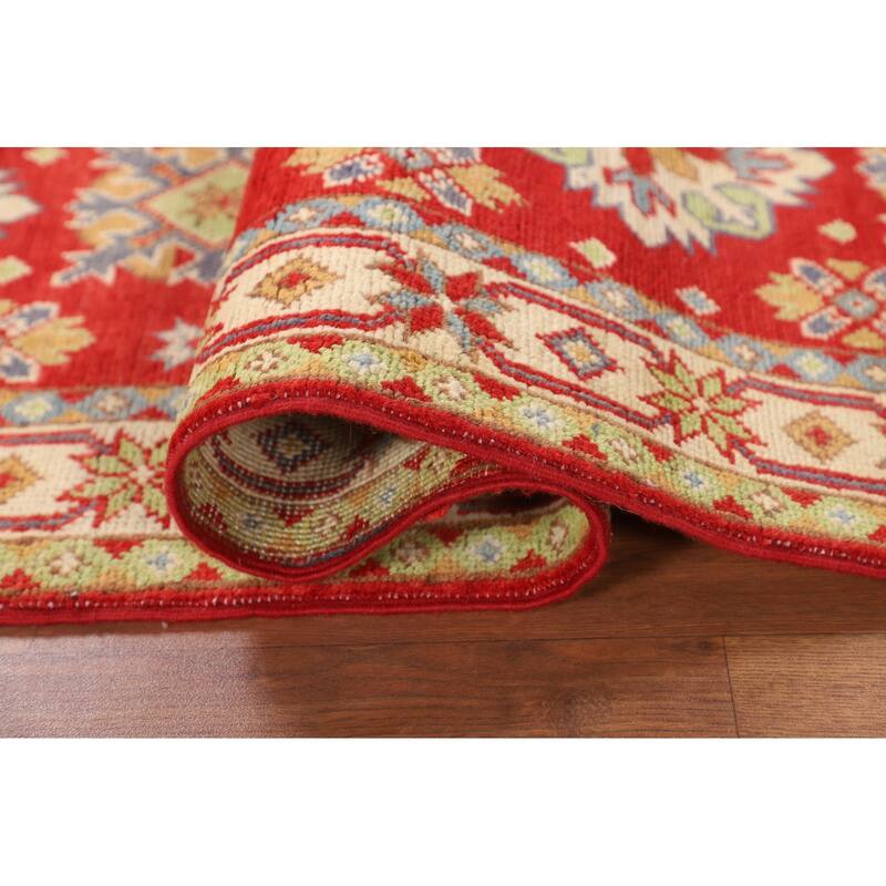 Geometric Red Kazak Oriental Runner Rug Hand-Knotted Wool Carpet - 2'2" x 6'3"