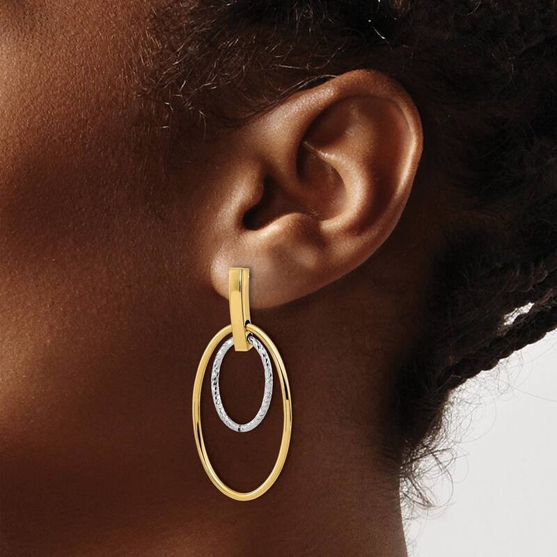 Curata 14kTwo-tone Gold Gold Polished and Textured Ovals Long Drop Dangle Post Earrings 44x22mm