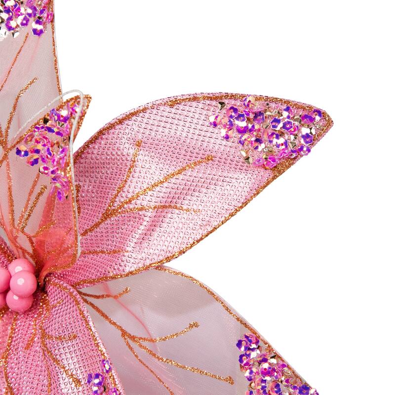 Glitter and Sequin Poinsettia Clip-on Christmas Ornament - 11.5" - Pink and Gold
