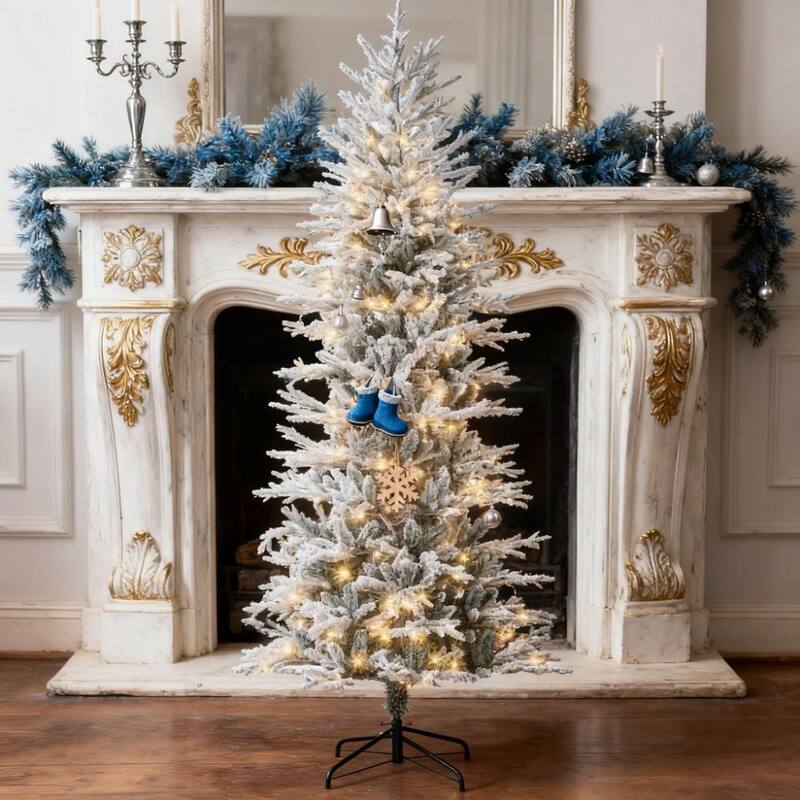 Pre-Lit Flocked Artificial Christmas Tree - Snow Branches, Warm Yellow Lights, Auto Open - Green