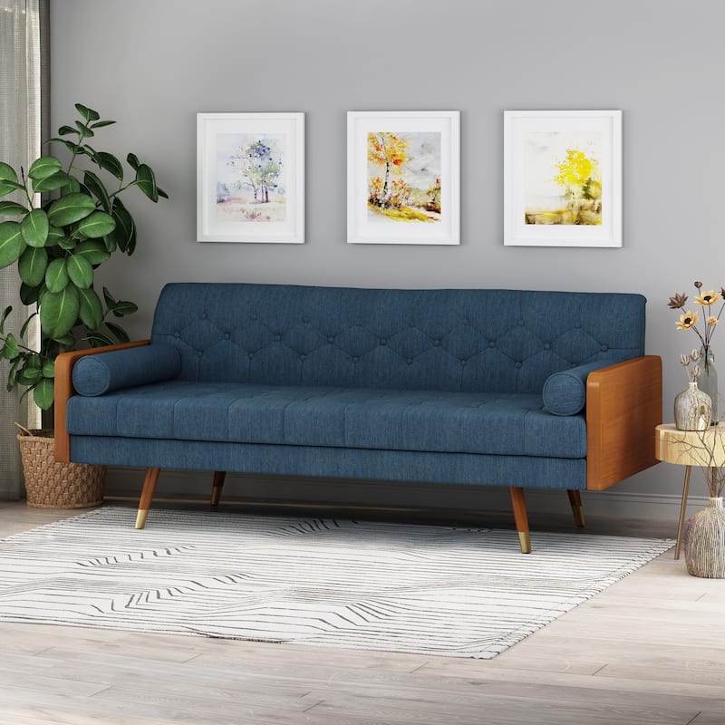 Jalon Mid-century Modern Tufted Fabric Sofa by Christopher Knight Home - Navy Blue + Dark Walnut