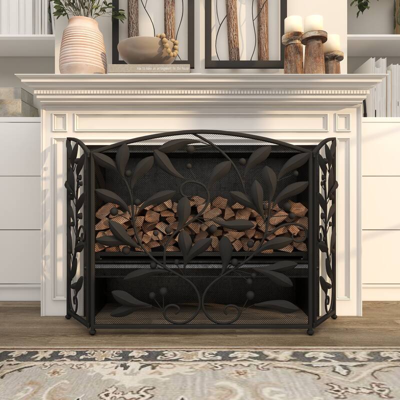 Black Metal Foldable 3 Panel Scroll Fireplace Screen with Leaf and Vine Relief