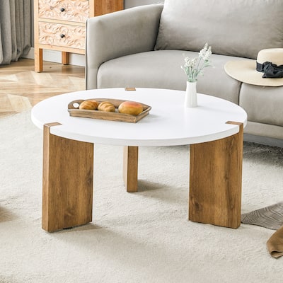 Roomfitters Round MDF Coffee Table with Embedded Design, 33.4" Diameter Modern Minimalist Accent Table, White