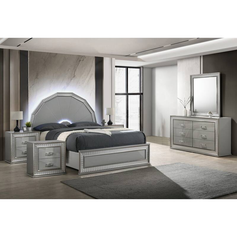 Furniture of America Rosdale Glam 5-Piece Metallic Grey Wood 7-Sided LED Headboard Platform Bedroom Set with Rectangular Mirror - Queen