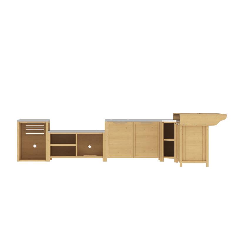 Modular Outdoor Kitchen Cabinet Set 100% Solid Wood Patio BBQ Island with Stainless Steel Countertop