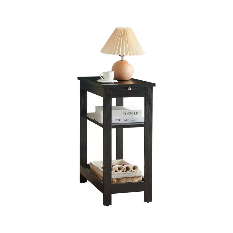 Slim Wood Side End Table with Storage Shelves & Pull-Out Tray, Nightstand for Bedroom, Living Room, Black