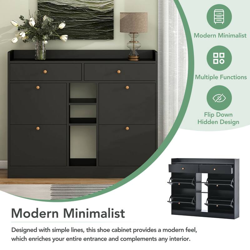 Shoe Storage Cabinet with 4 Flip Drawers,Free Standing Shoe Rack with Adjustable Shelf & 2 Drawers,Entryway Hidden Shoe Cupboard