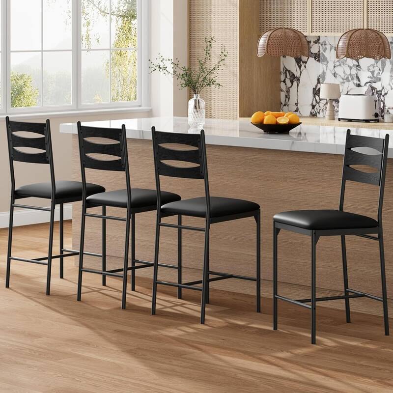 Bar Stools Set of 2 - Thick Cushioned Faux Leather Stools with Islamic Geometric Backrest, Gold Accent Footrest - Black - 4PC