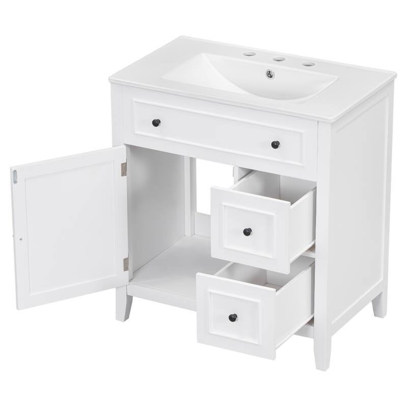 30'' Solid Wood Bathroom Vanity with Cabinet, 2 Drawers, and Ceramic Sink