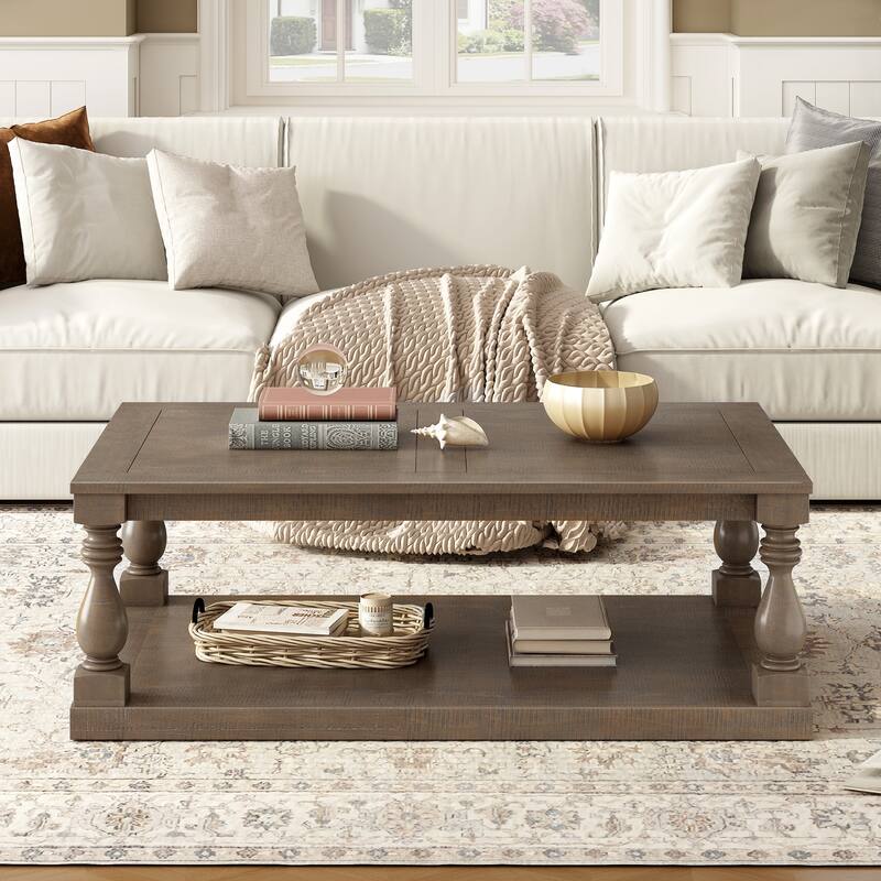 Vintage Coffee Table Featuring Artistic Vase Column Legs and Luxurious Pine Veneer for Timeless Charm