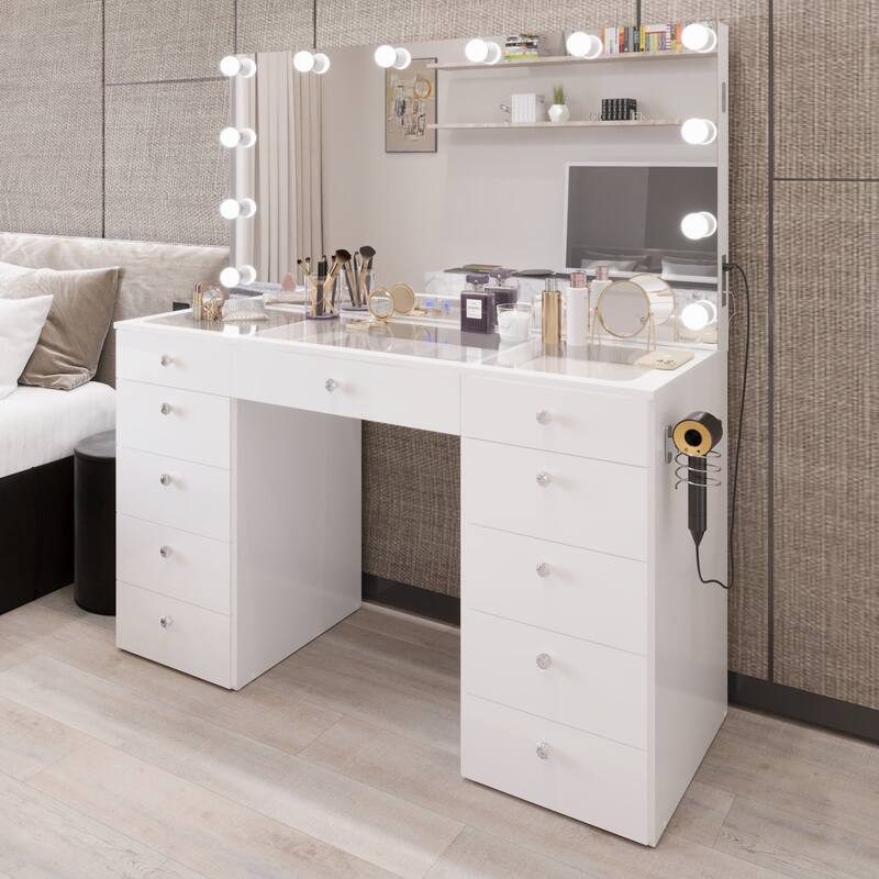 Boahaus Elle Makeup Vanity with Bluetooth Speaker, 12 Lights, and 11 Drawers