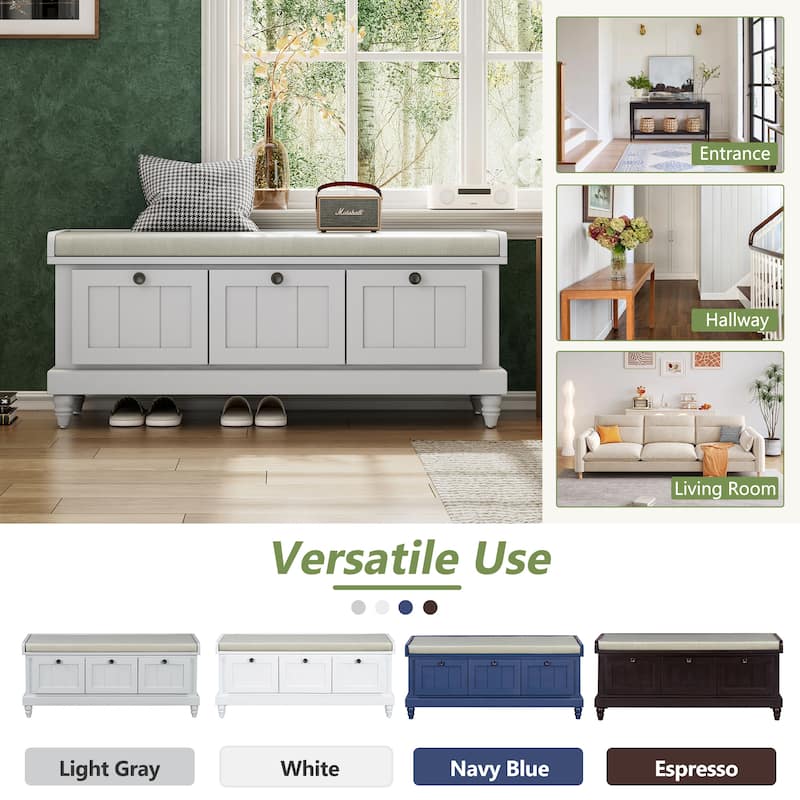 Roomfitters Classic Entryway Bench with Cushion, 3 Hidden Storage Spaces, Grooved Doors and Round Handles