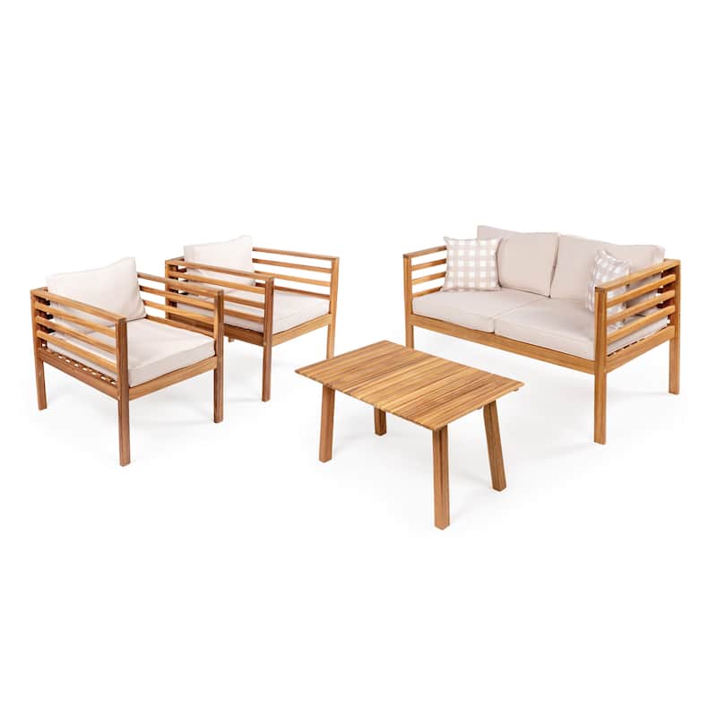 Everly 4-Piece Mid-Century Modern Acacia Wood Outdoor Patio Set with Cushions and Plaid Decorative Pillows, by JONATHAN Y - Beige