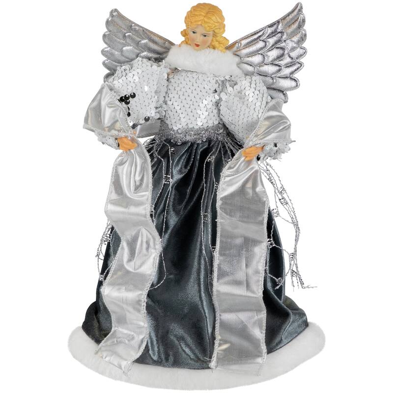 12" Slate Metallic Silver Sequined Angel Christmas Tree Topper, Unlit