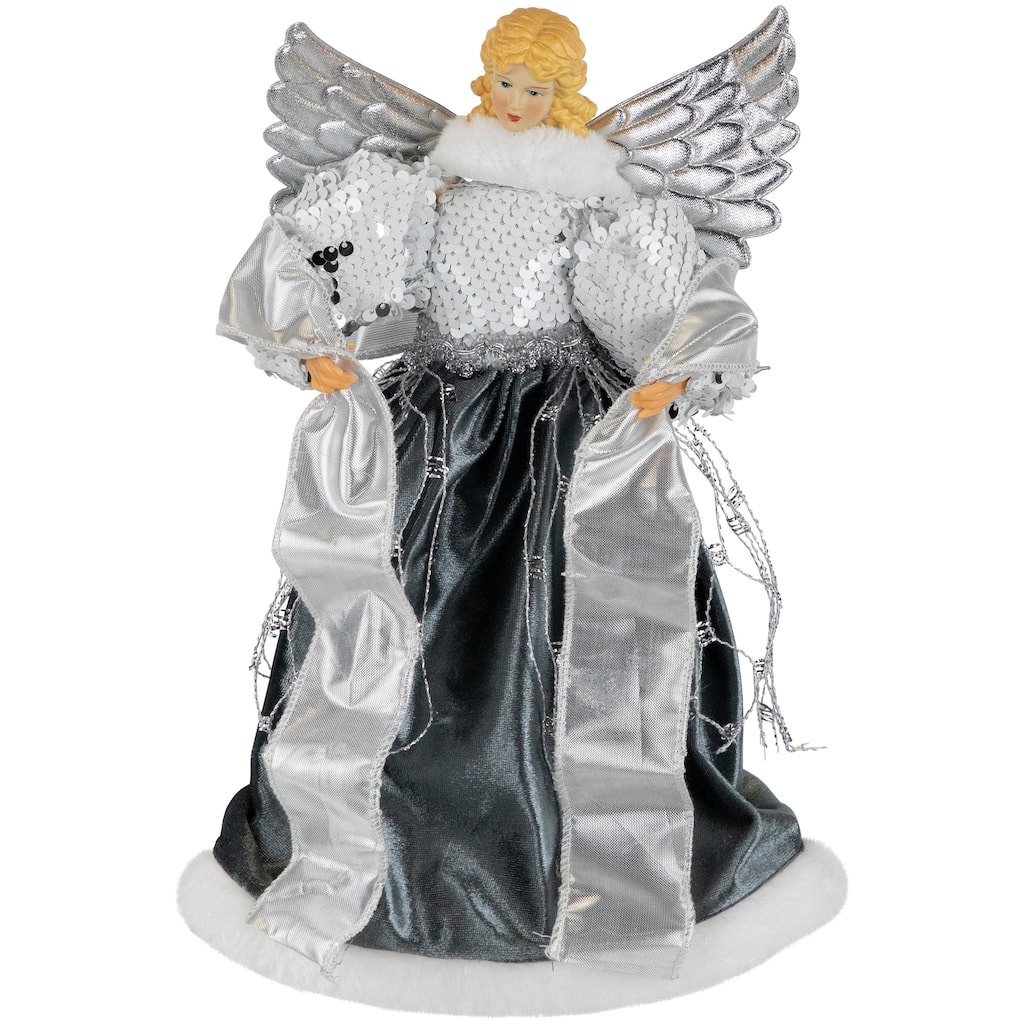 12" Slate Metallic Silver Sequined Angel Christmas Tree Topper, Unlit