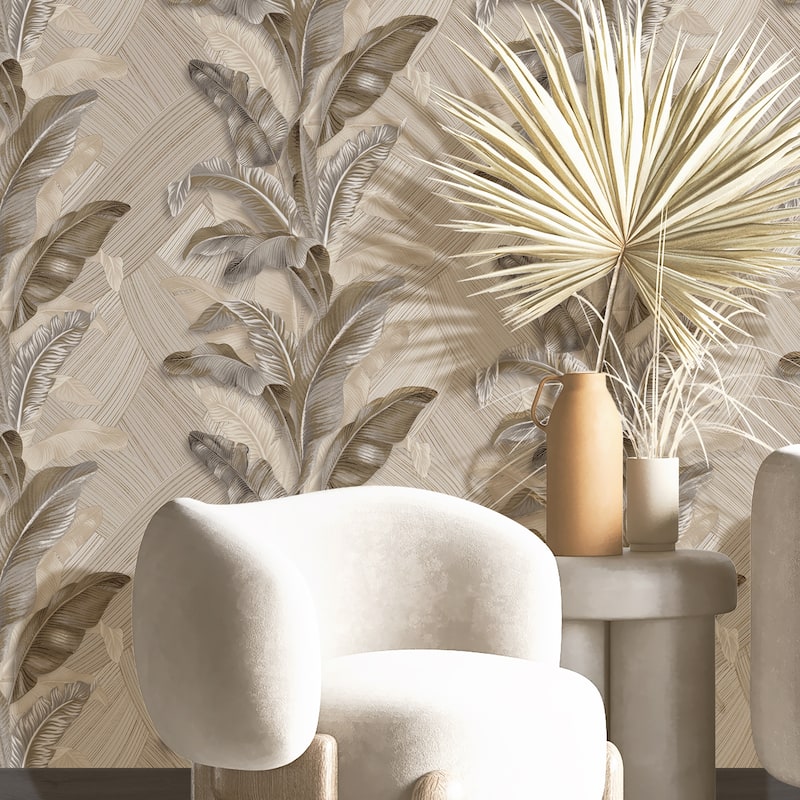 Galerie Wallcoverings Stratum Collection Palma Leaf Vinyl on Non-woven Metallic Wallpaper Roll Double Width