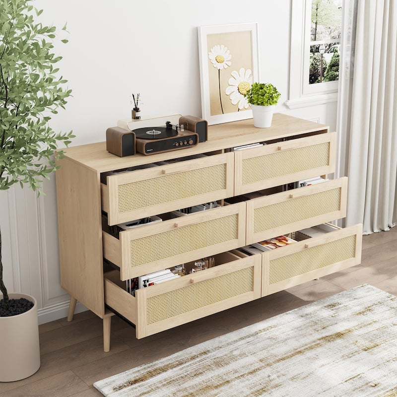 6 Drawer Rattan Double Dresser, Wooden Storage Wardrobe Dresser, Decorative Cabinet with Wood Handles and Legs