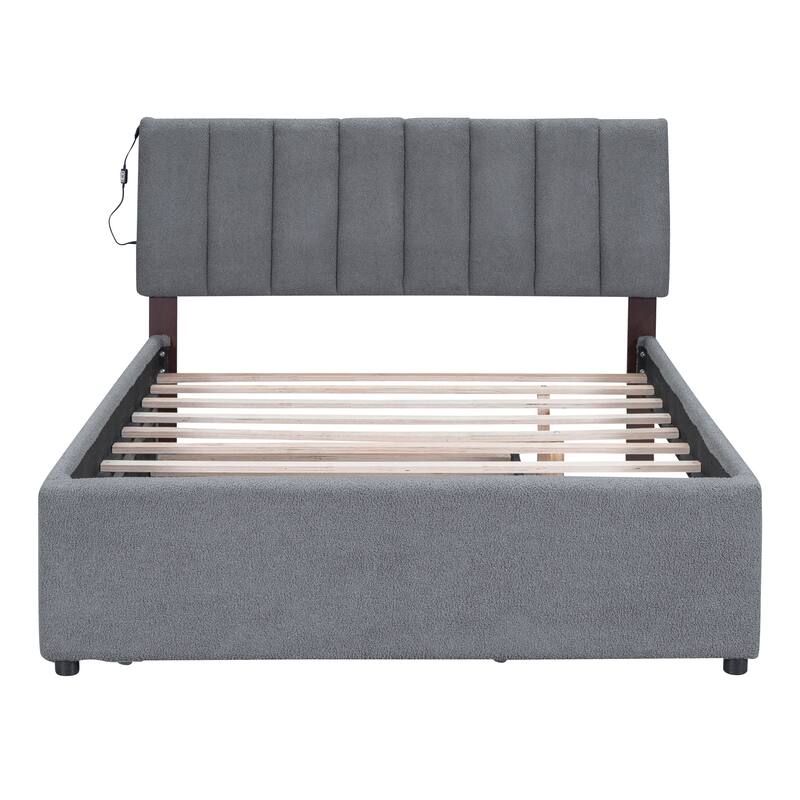 Full Teddy Fleece Platform Bed with Trundle, USB Ports, and LED Light