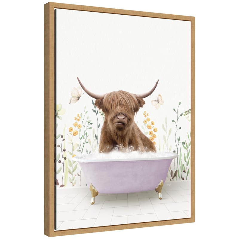Kate and Laurel Sylvie Highland Cow in Spring Bathtub Framed Canvas by Amy Peterson - Natural