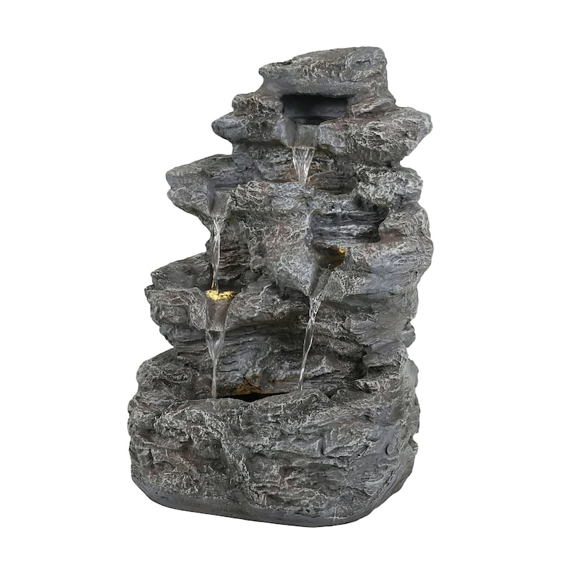 5-Tiered Concrete Tall Slim Fountain, 23.85"H -LED-Lit Column, Space-Saving Modern Outdoor Accent, All-Weather Resistant