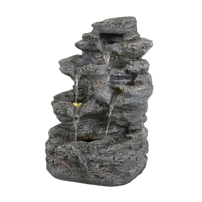 Roomfitters 24" 5-Tiered Tall Slim Concrete Outdoor Fountain with LED Lights, Space-Saving Faux Stone Column Water Feature, Gray