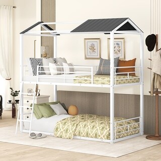 Twin Over Twin Full-length Guardrails Bunk Bed Metal Bed with Half Roof, Guardrail and Ladder