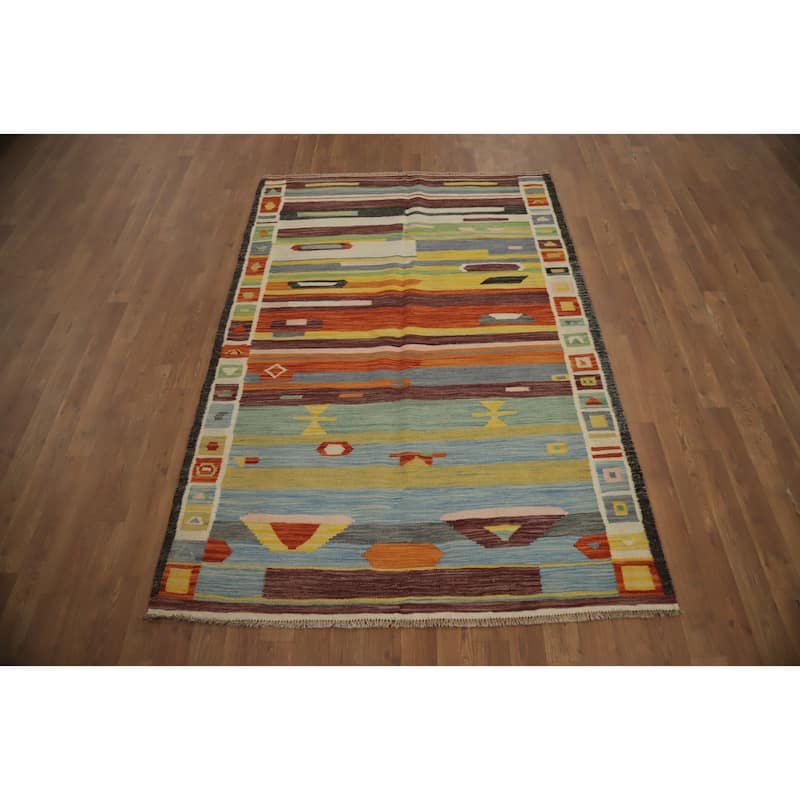 Hand Woven Oriental 100% Wool Carpet Southwestern Tribal Multi-Colored Kilim Area Rug - 6' 1'' X 4' 3''