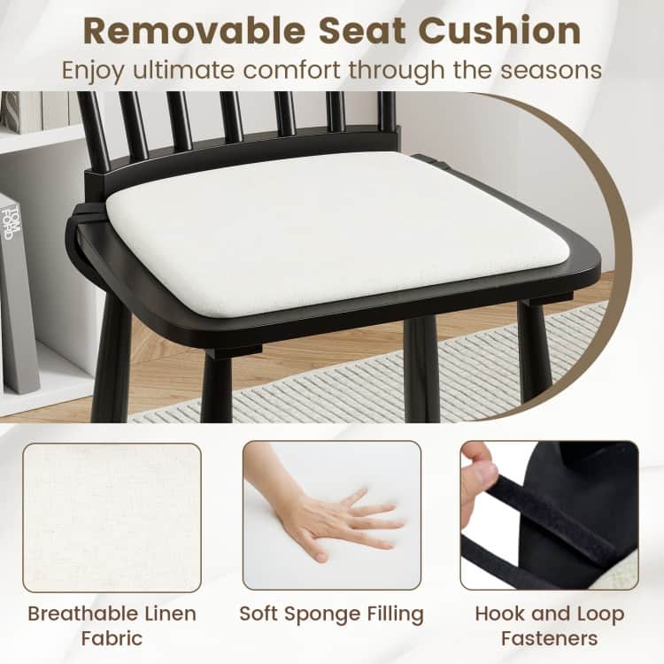 Set of 2 Windsor Dining Chairs with Cushioned Linen Seats and Solid Rubber Wood Frame - 20.5" x 16" x 38"