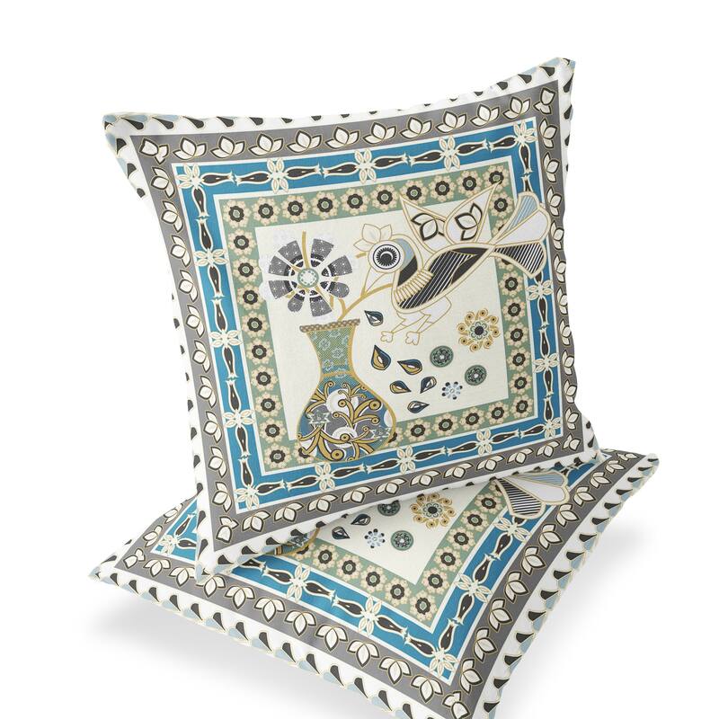 HomeRoots Set of Two 16" X 16" Green and Yellow Peacock Blown Seam Floral Indoor Outdoor Throw Pillow - 16.00' X '16.00' X '5.00