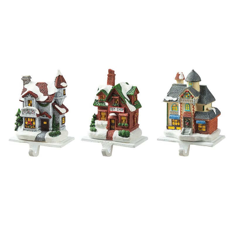 Glitzhome 6"H Christmas Lighted Resin House Stocking Holders Mantel Ornament (Set of 3)