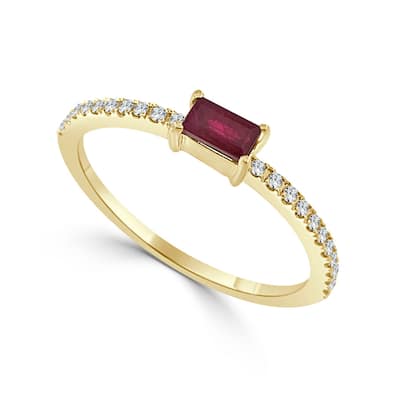 Joelle Collection Ruby and Diamond Cut Band Ring - 14K Gold Baguette Shaped Ruby