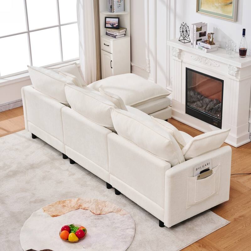 101.9" L-shaped Cashmere Sectional Sofa with Pillows and Movable Ottoman