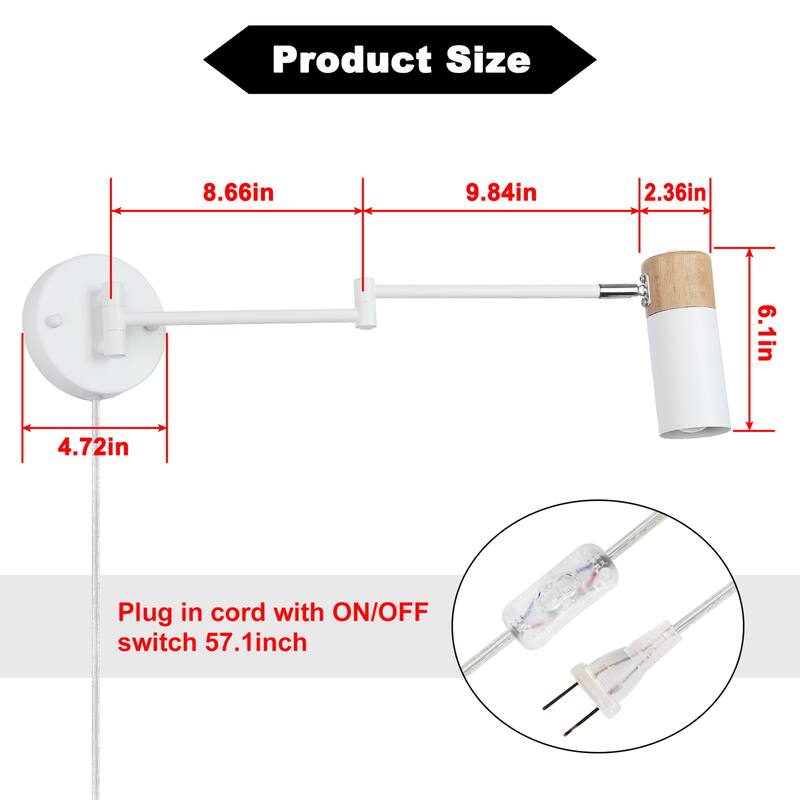 Industrial Adjustable Swing Arm Wall Lamp Wall Sconce with Plug in Cord, Modern White/Black Finish with Wood Head