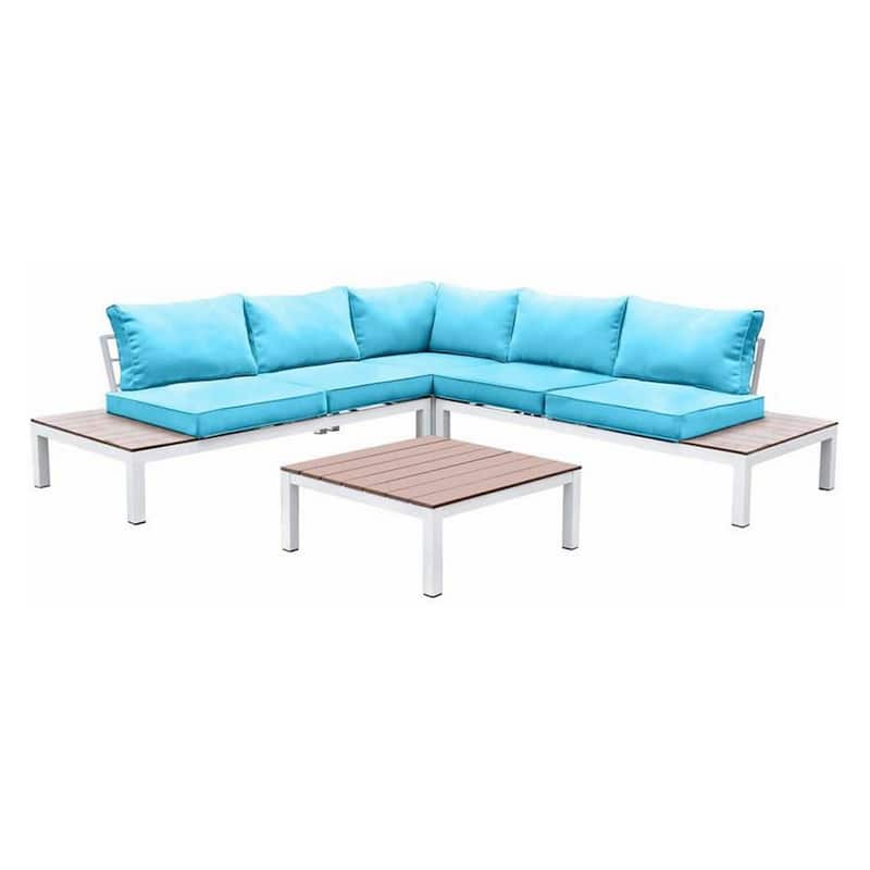 L Shaped Dual Tone Patio Sectional with Box Cushioned Seat, Blue and White