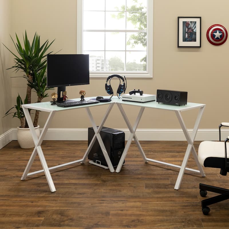 Middlebrook Hardy X-frame Metal and Glass Corner Computer Desk - White - White