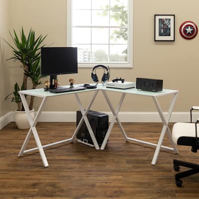 Middlebrook Hardy X-frame Metal and Glass Corner Computer Desk - White