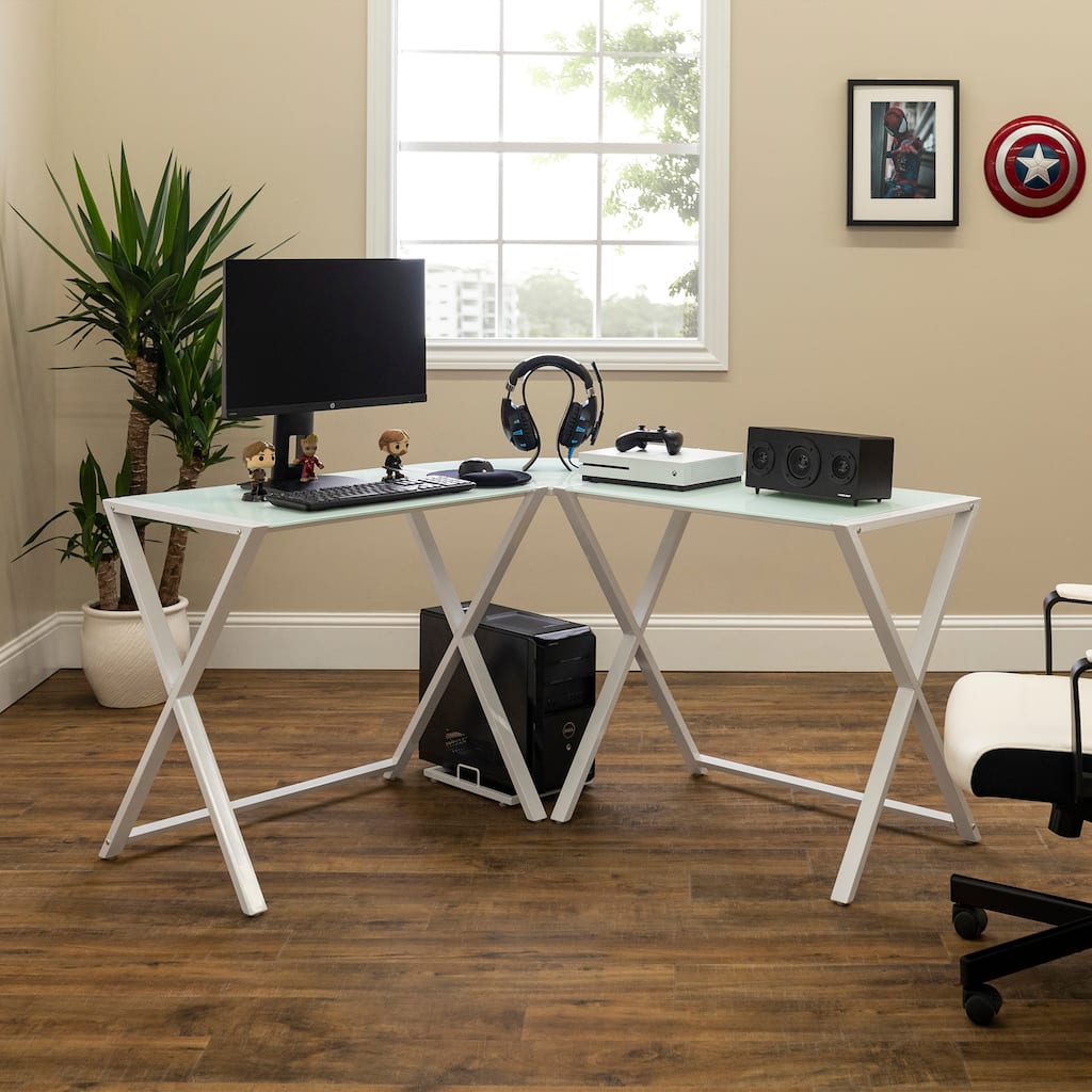 Middlebrook Hardy X-frame Metal and Glass Corner Computer Desk - White